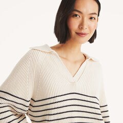 Striped Johnny Collar Sweater,Arctic White,large