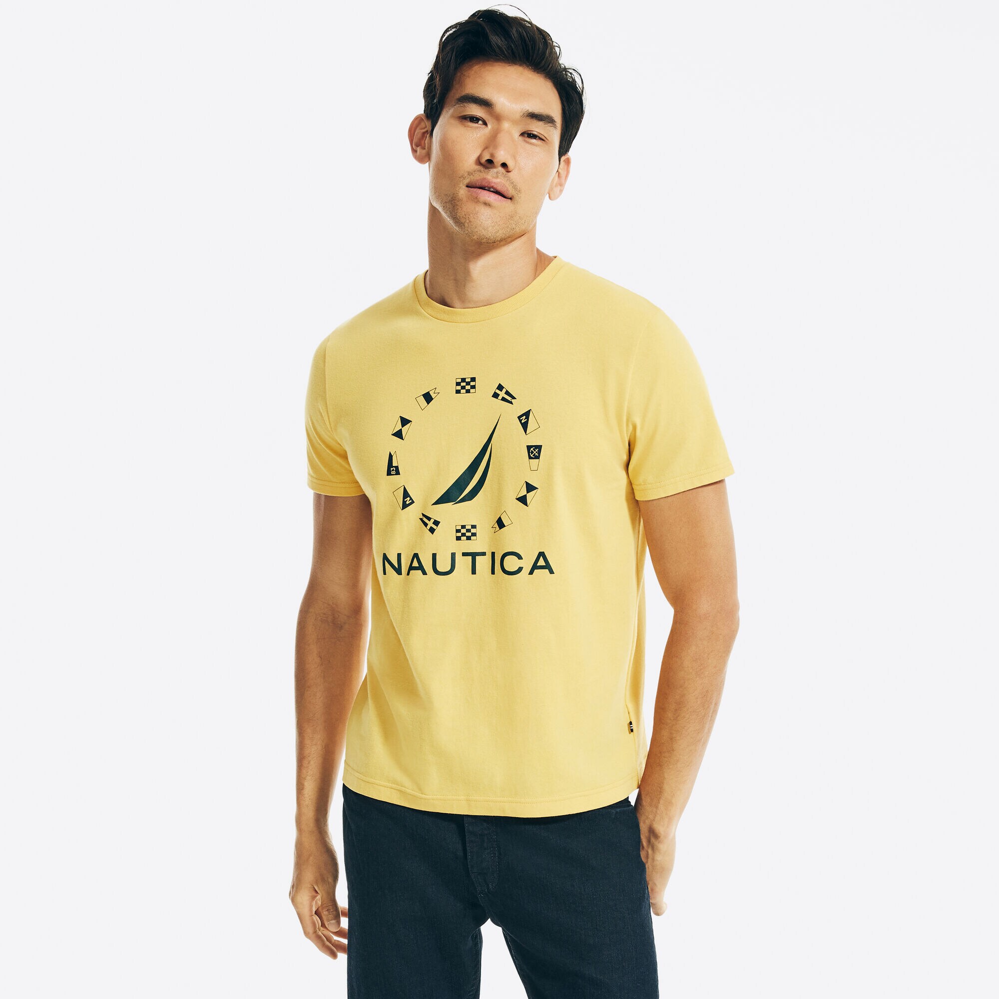 SUSTAINABLY CRAFTED FLAG GRAPHIC T-SHIRT,Old Gold,large