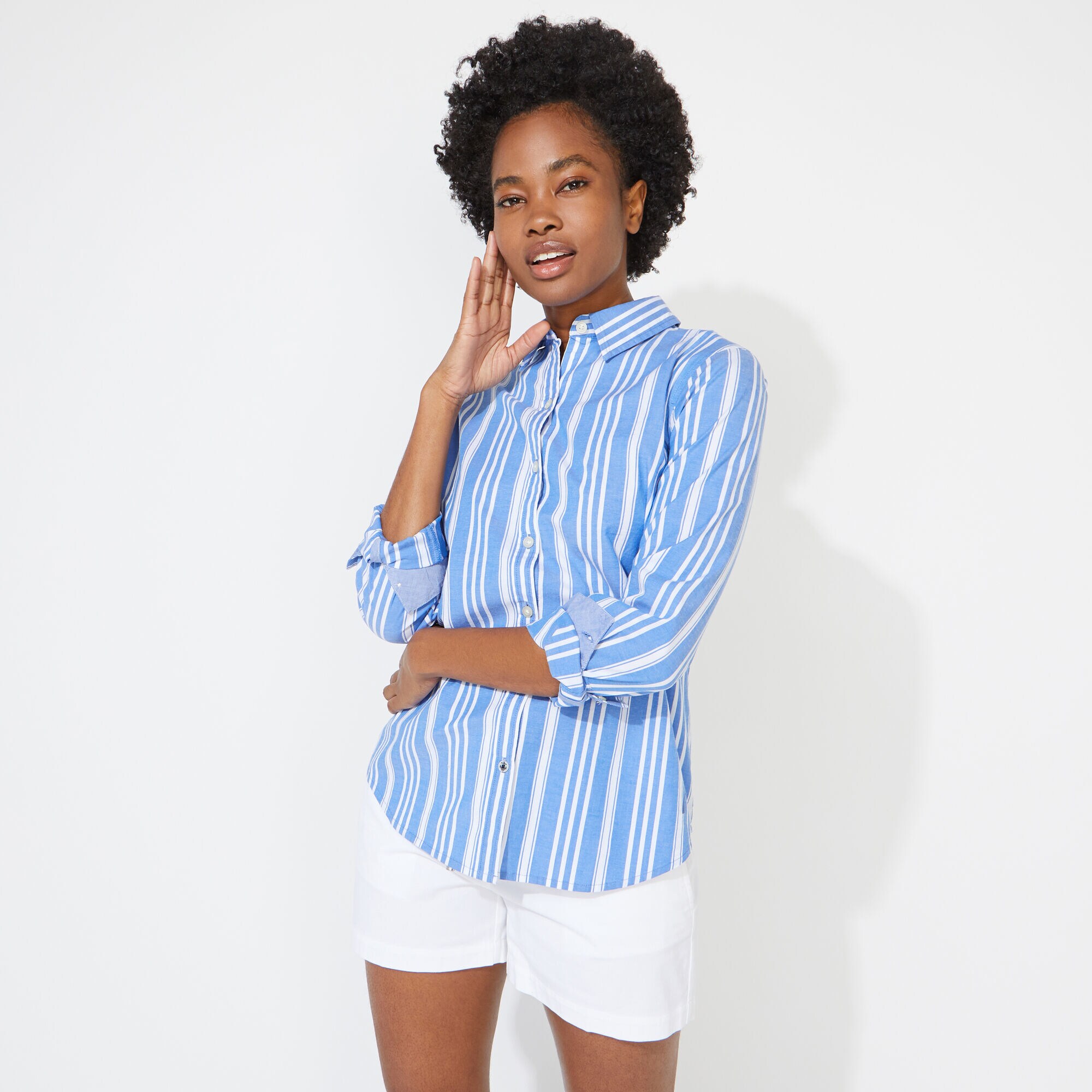 STRIPED WOVEN SHIRT,True Navy,large