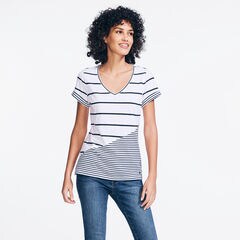 STRIPED V-NECK TOP,Stellar Blue Heather,large