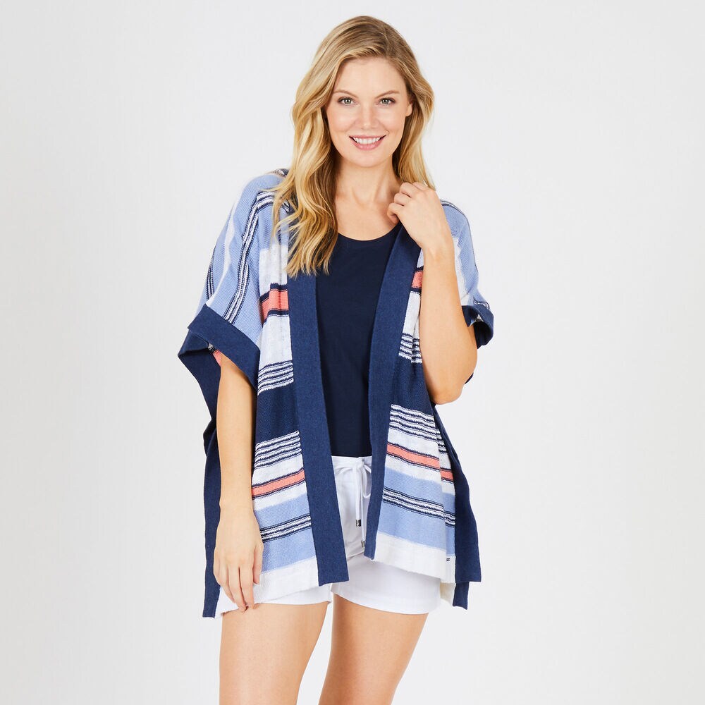 Multi-Stripe Side Slit Hooded Poncho,Bright White,large