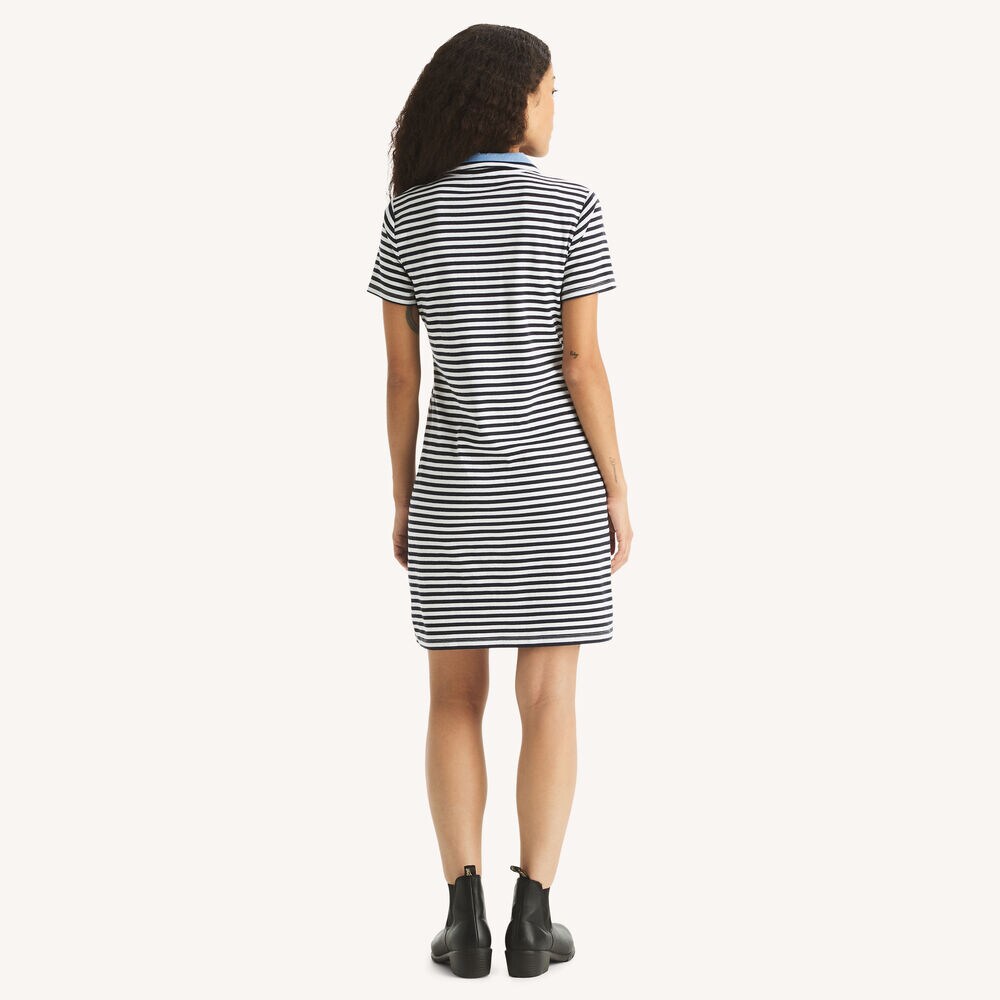 Striped Short-Sleeve Collared Dress,Navy,large