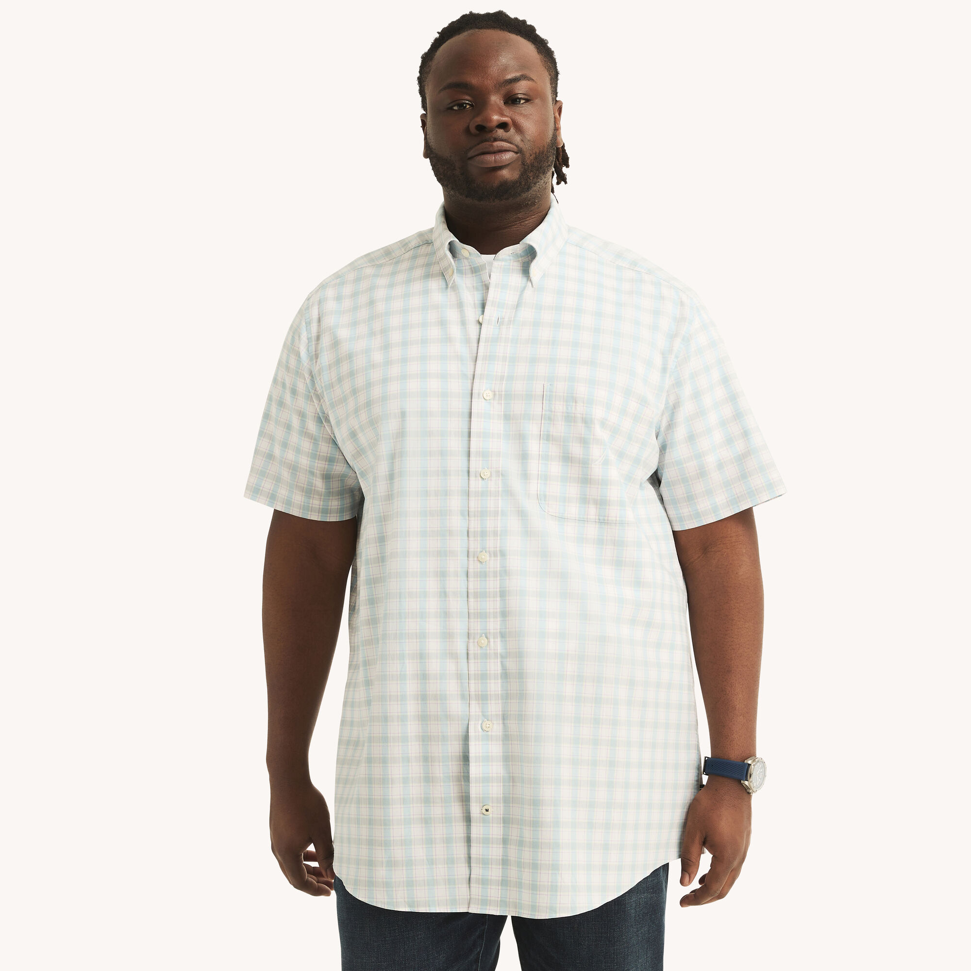 Big & Tall Classic Fit Plaid Short-Sleeve Shirt,Bright White,large