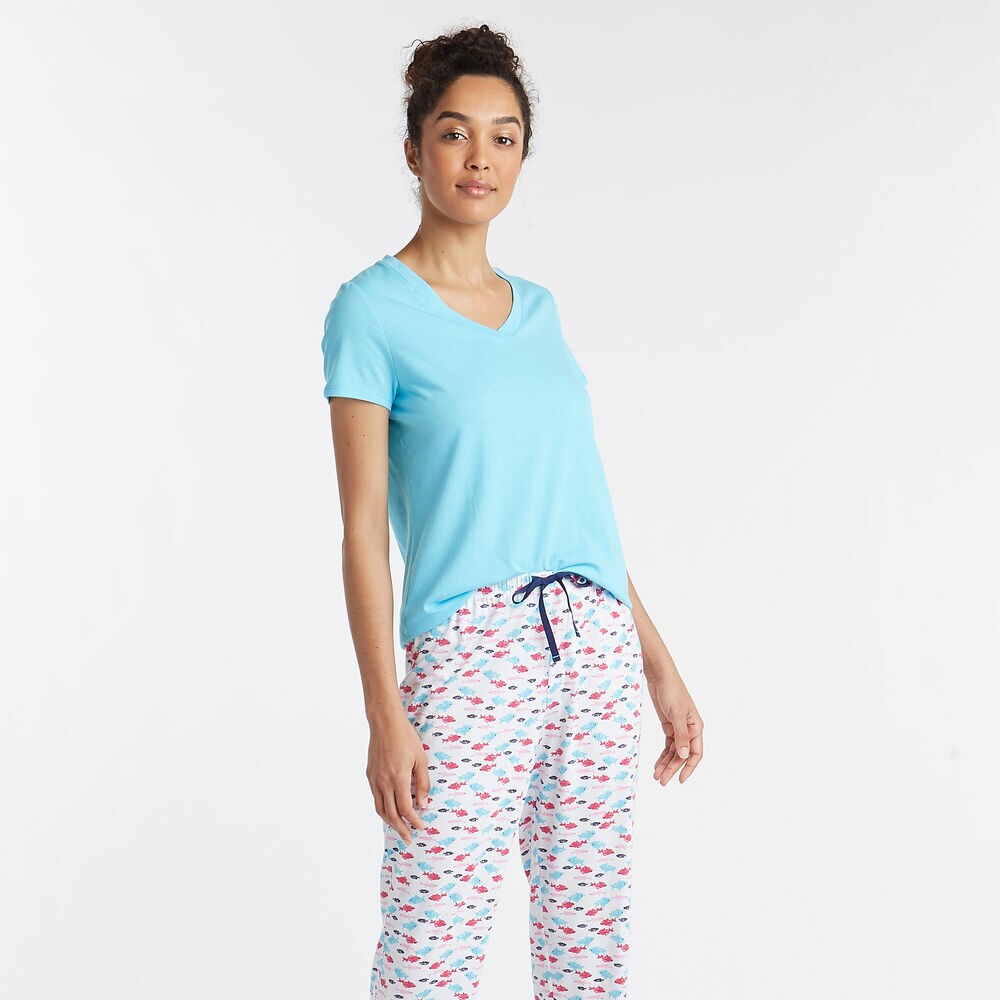 SHORT SLEEVE PAJAMA SET IN MULTI FISH PRINT,Ivory,large