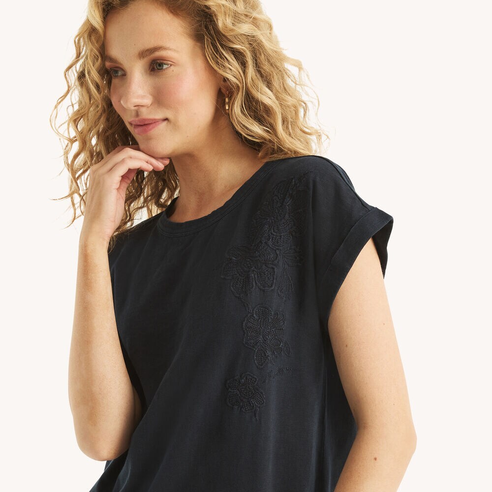Embroidered Crewneck Top,Navy,large