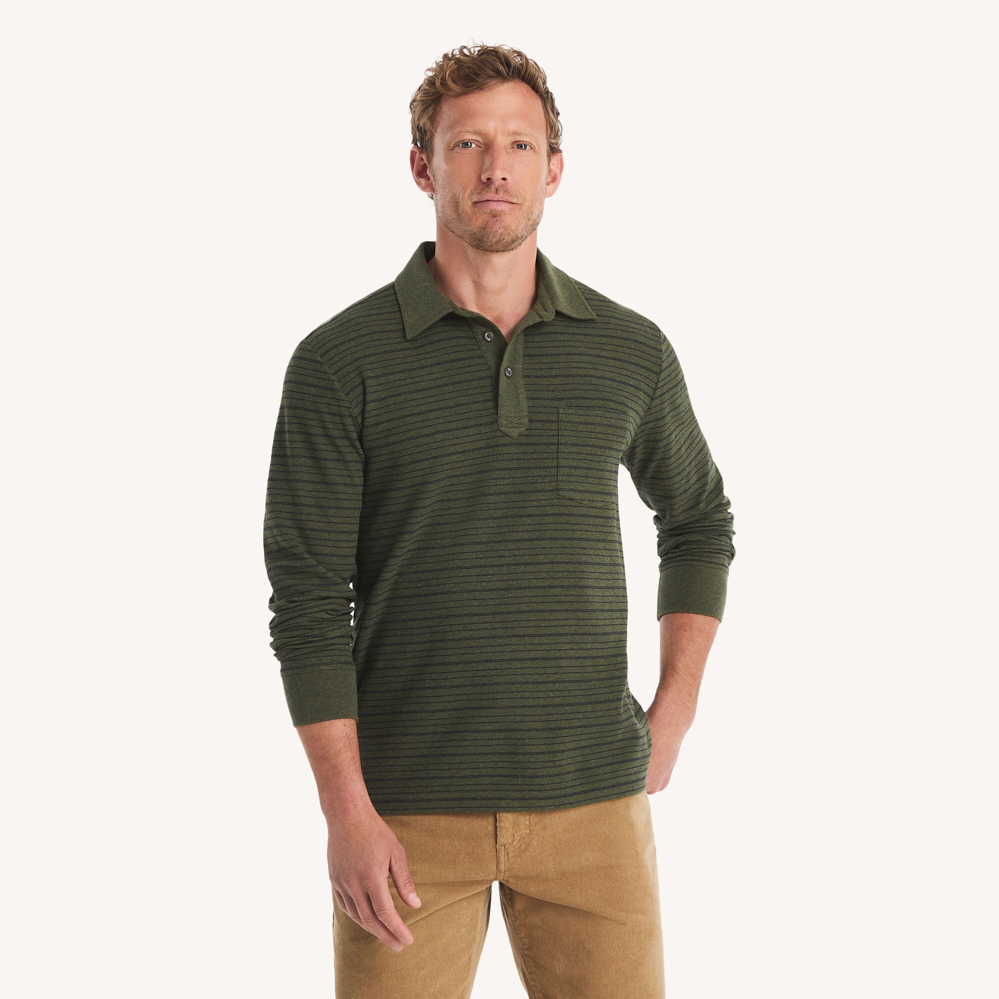 Classic Fit Waffle-Knit Long-Sleeve Striped Polo,Dark Hunter,large