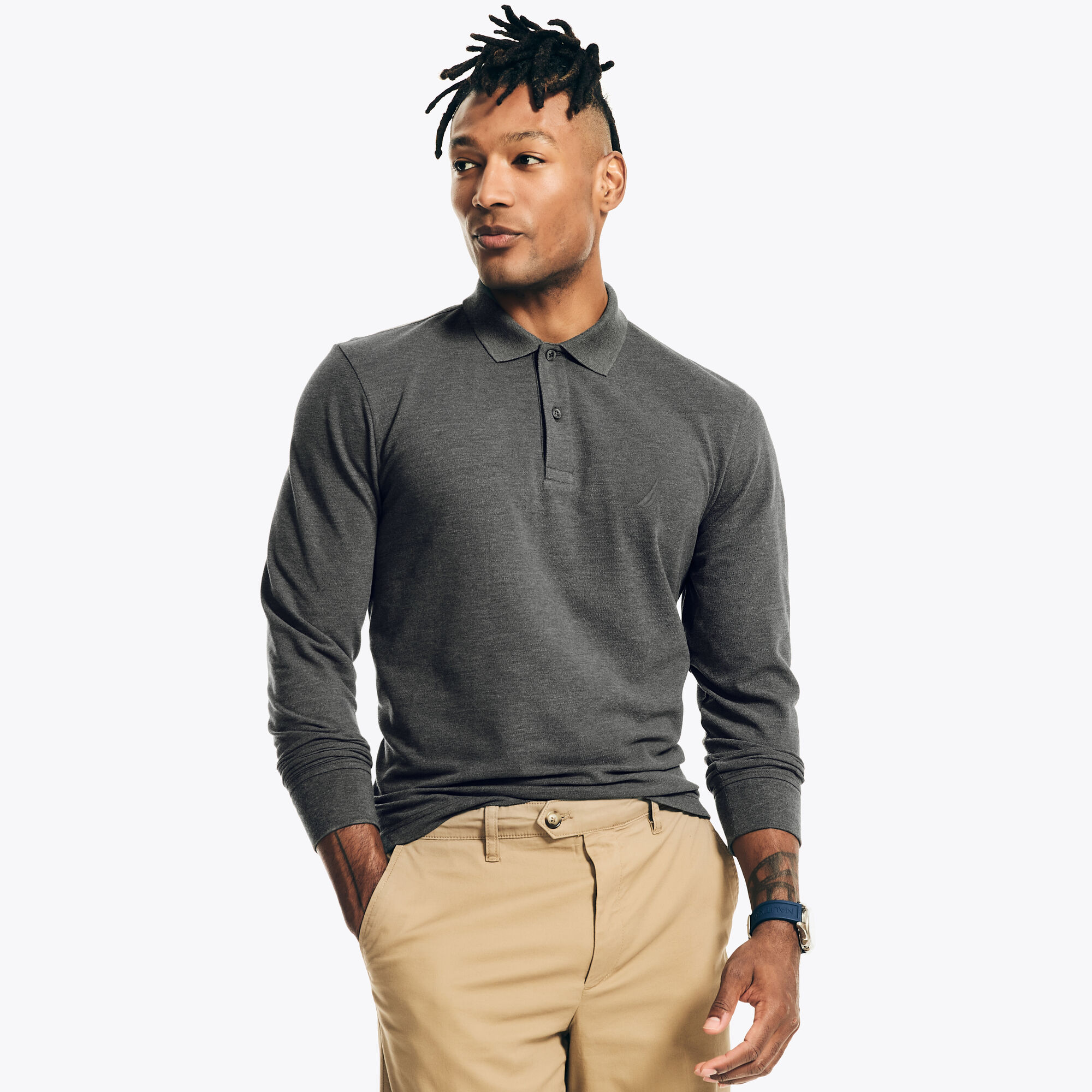 Long-Sleeve Classic Fit Deck Polo ,Charcoal Heather,large