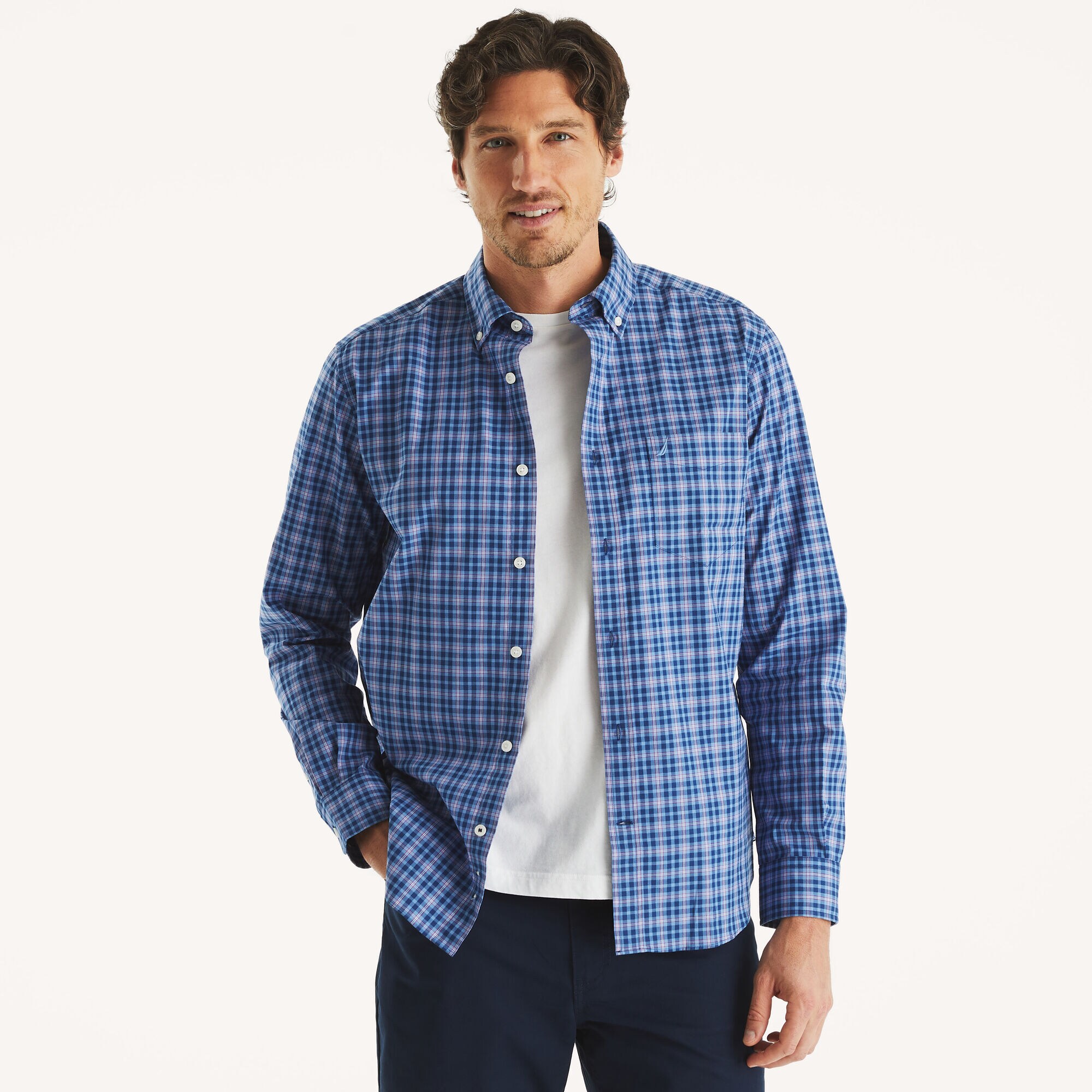 Classic Fit Wrinkle-Resistant Plaid Shirt,Estate Blue,large