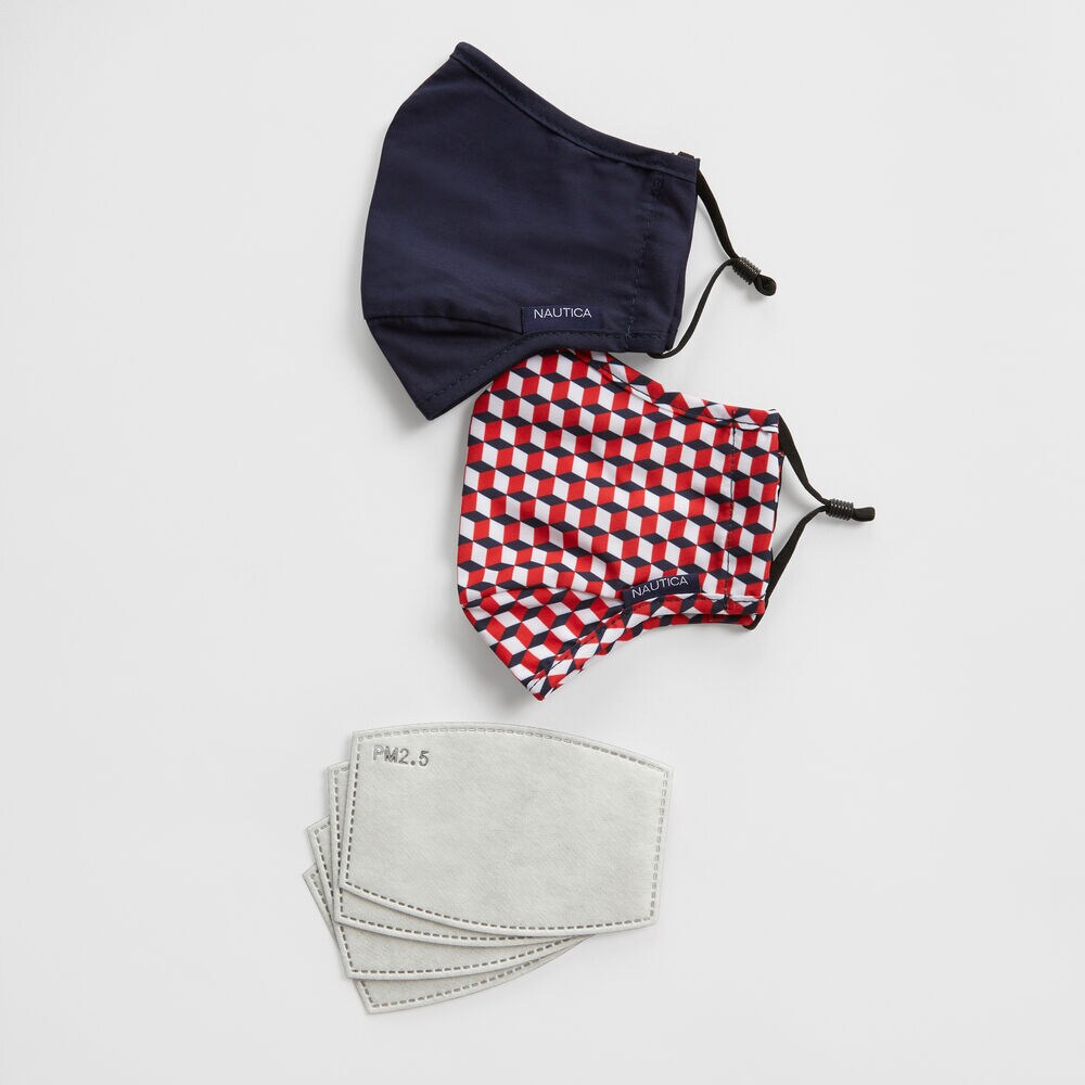 GEOMETRIC PRINT AND SOLID REUSABLE FACE MASK KIT WITH PM2.5 FILTERS, 2 PACK,Nautica Red,large