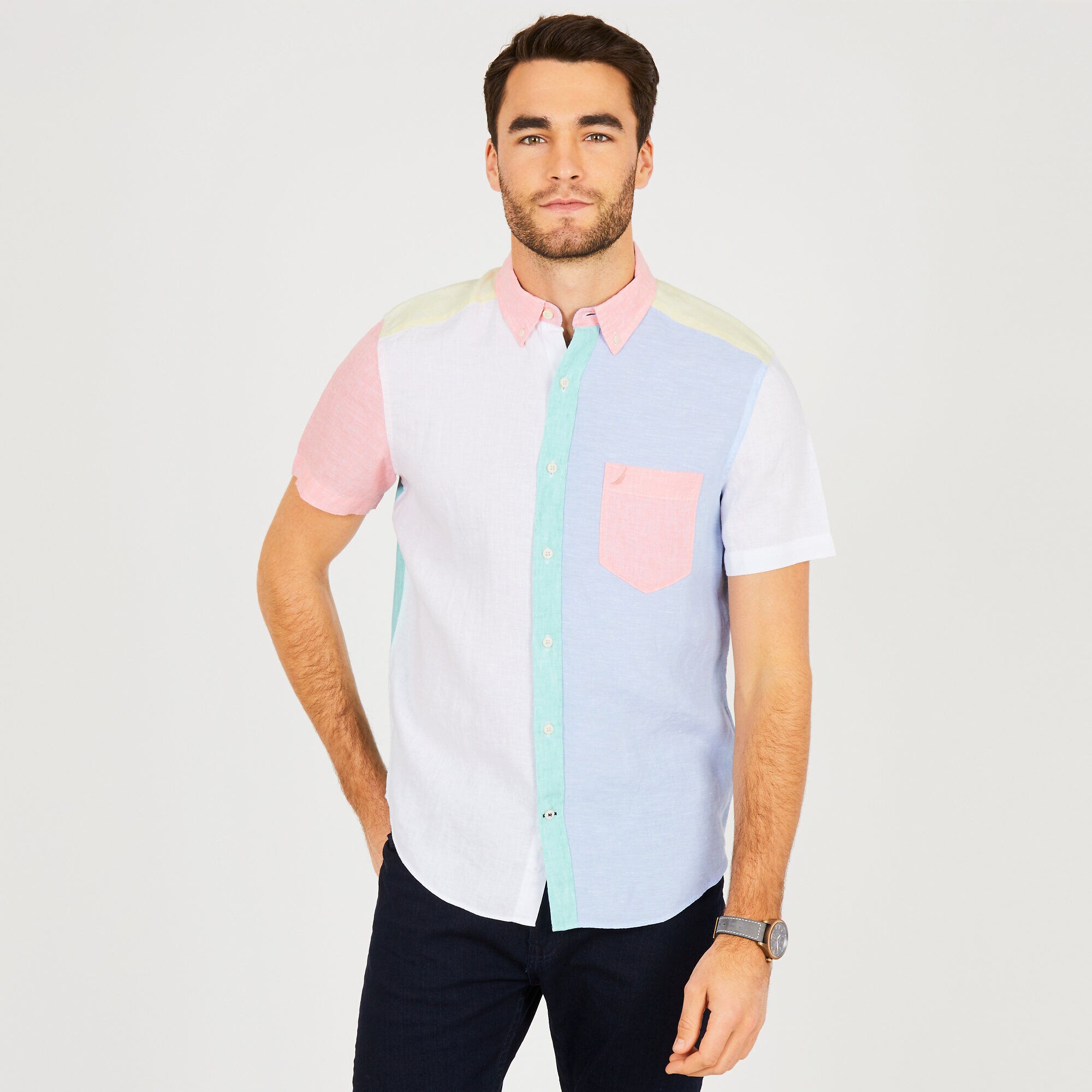 Big & Tall Pastel Colorblock Classic Fit Linen Shirt,Bright White,large