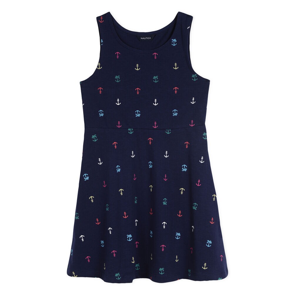 Girls' Fit & Flare Dress in Anchor Print,Navy,large