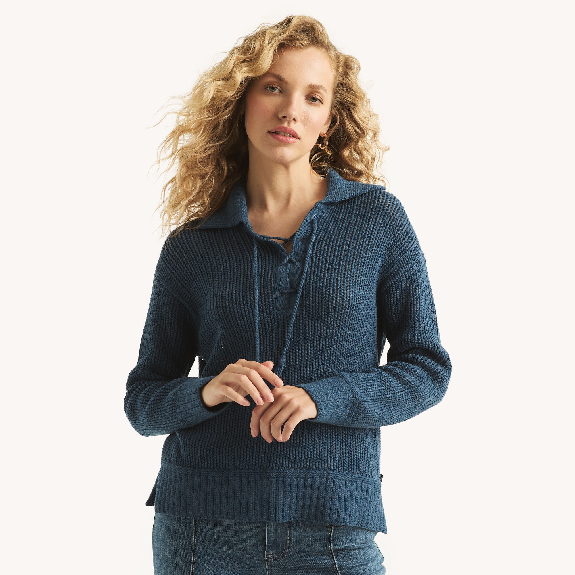 Lace-Up Sweater,Ocean Depth Heather,large
