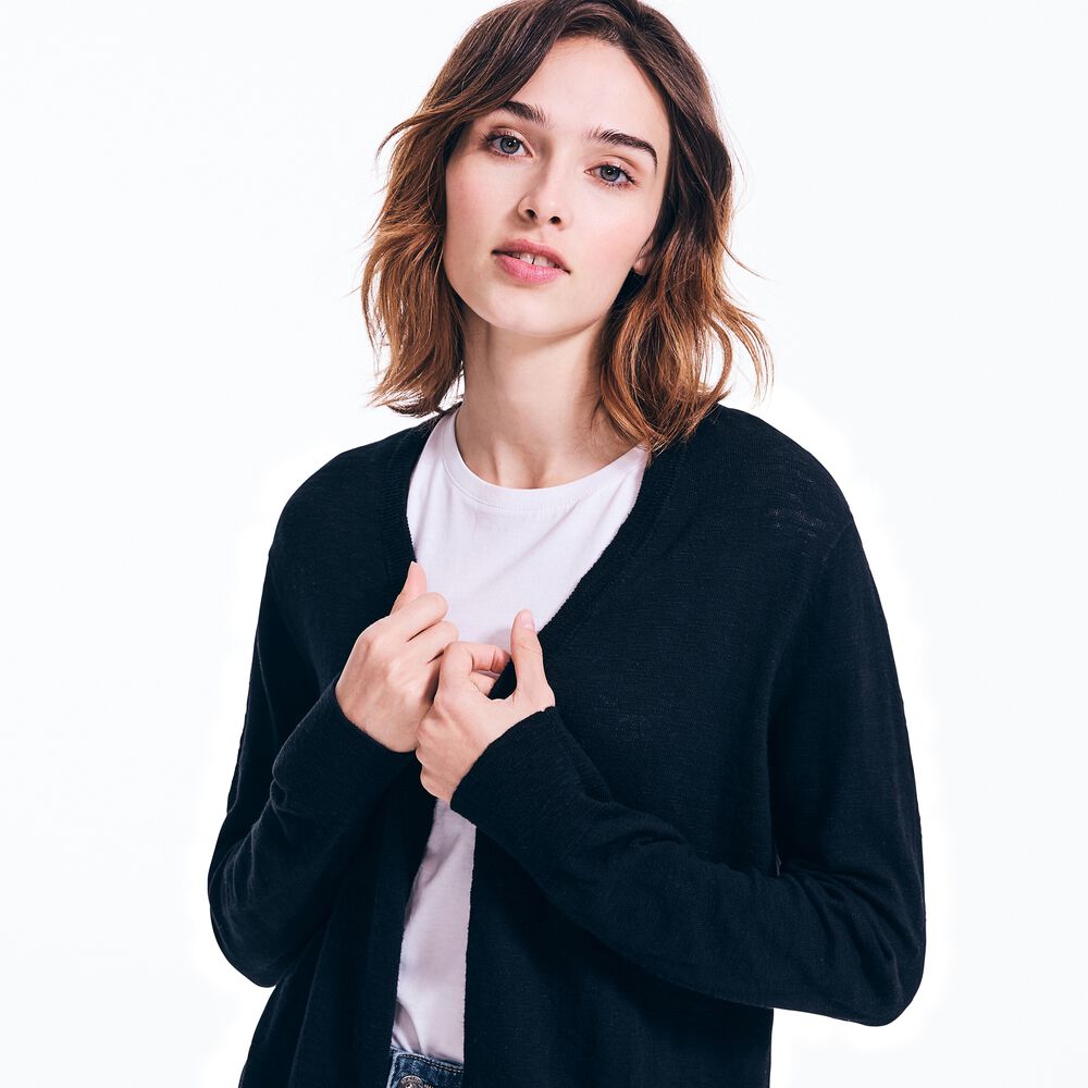 V-NECK OPEN FRONT CARDIGAN,True Black,large