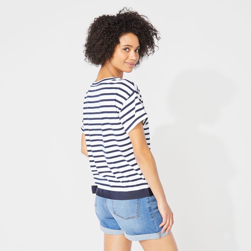STRIPED TIE WAIST KNIT TOP,Bright White,large