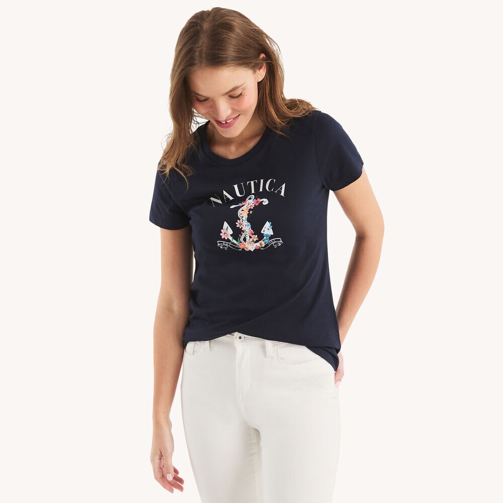 Floral Anchor Graphic T-Shirt,Stellar Blue Heather,large