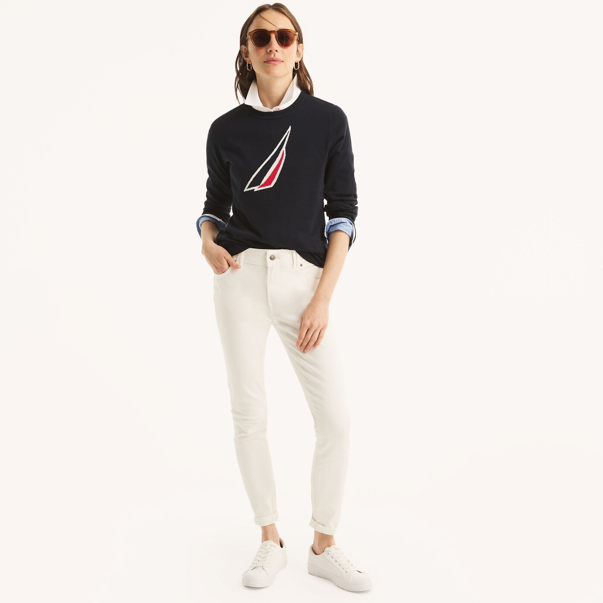 brand icon Crewneck Sweater,Navy,large