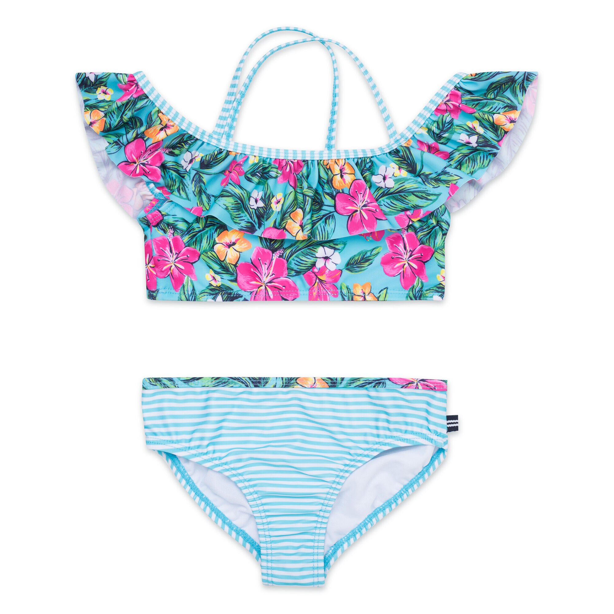 Girls' Ruffle Two-Piece Swimsuit in Floral Print,Stormy Blue Wash,large