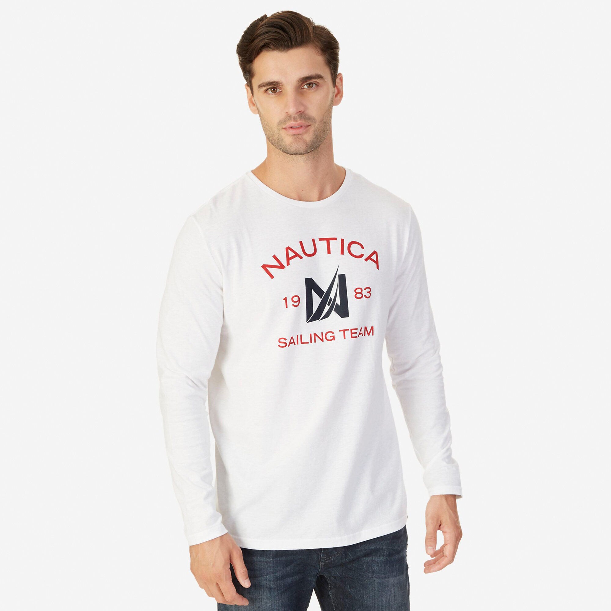  Sailing Graphic Long Sleeve T-Shirt,Bright White,large