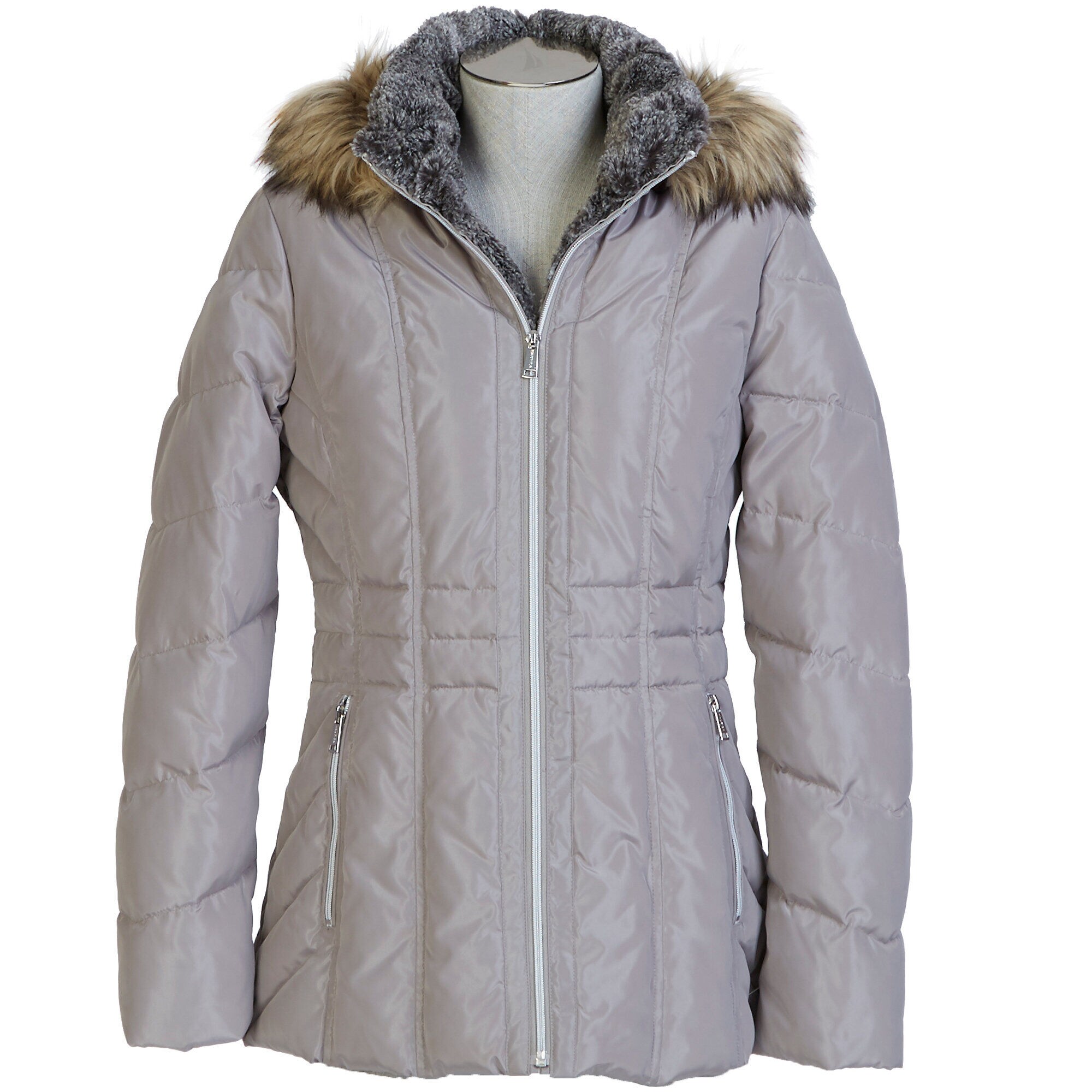 Faux Fur Hood Coat,Champagne,large