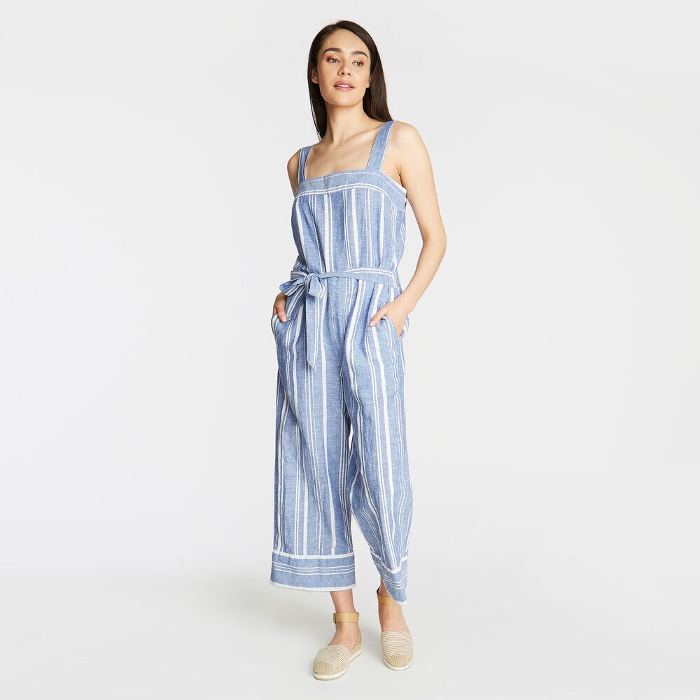 CROP WIDE LEG LINEN JUMPSUIT IN STRIPE,Deep Navy Heather,large