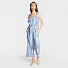 CROP WIDE LEG LINEN JUMPSUIT IN STRIPE,Deep Navy Heather,large