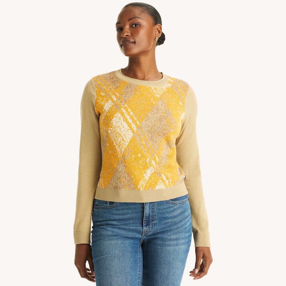 Plaid Crewneck Sweater,Aspen Gold,large
