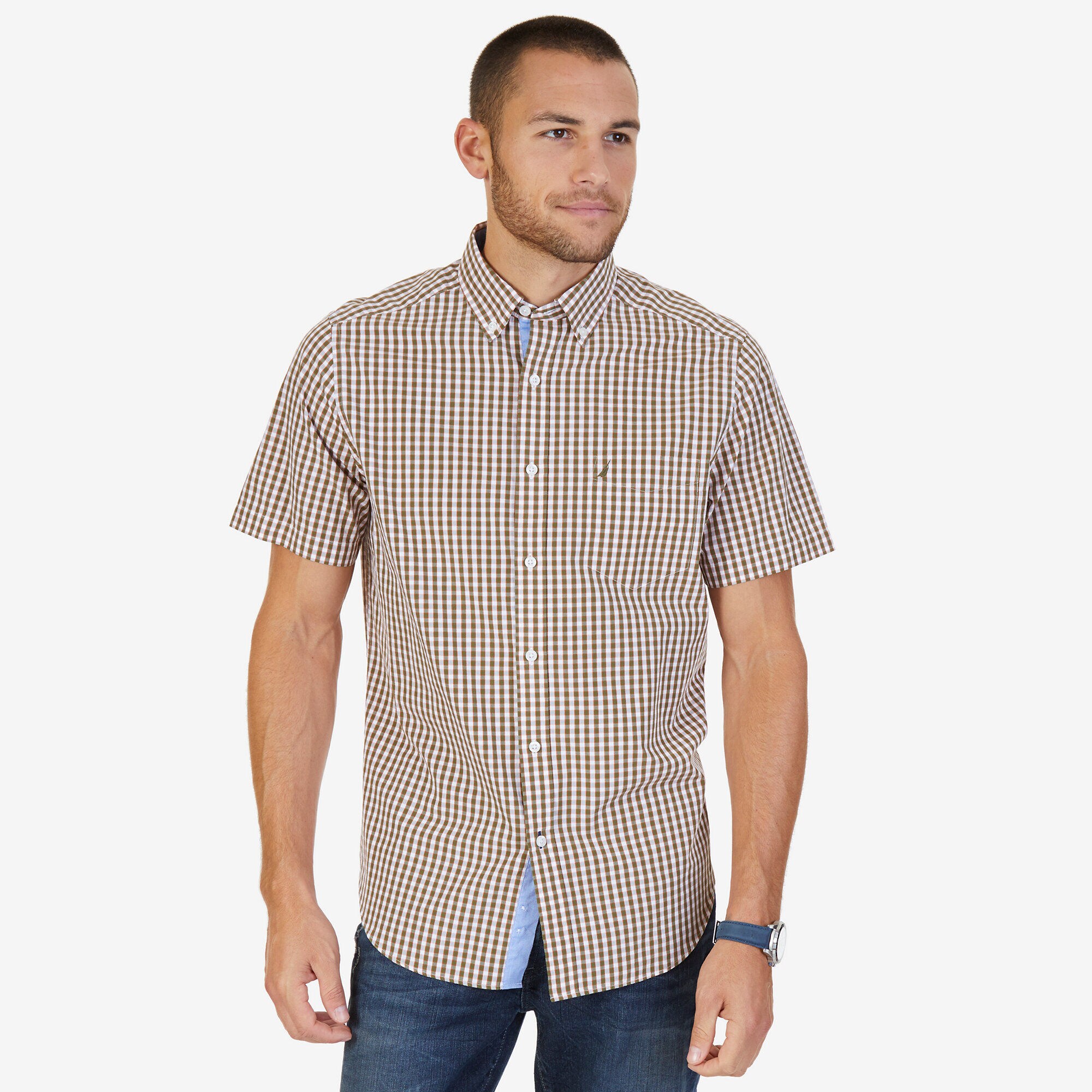 Classic Fit Plaid Poplin Button-Down Shirt,Woodrift Flax,large