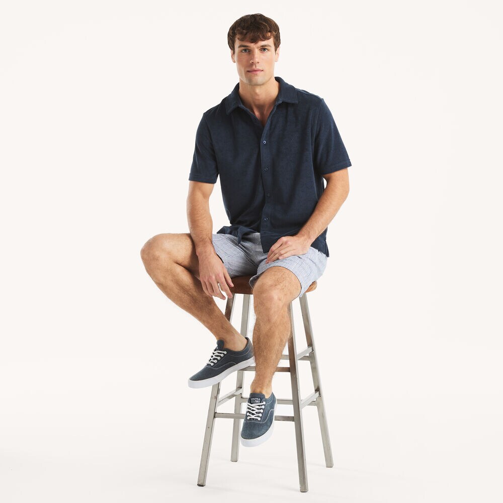 Classic Fit Button-Front Terry Polo,Stellar Blue Heather,large