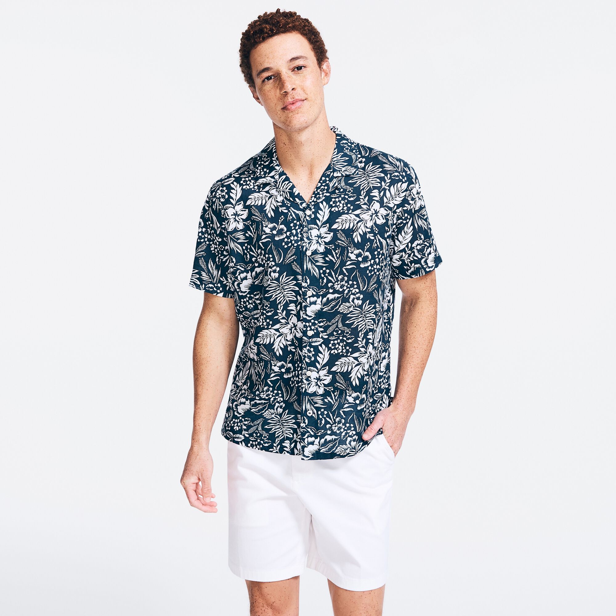 TROPICAL PRINT LINEN SHORT-SLEEVE SHIRT,Majolica,large