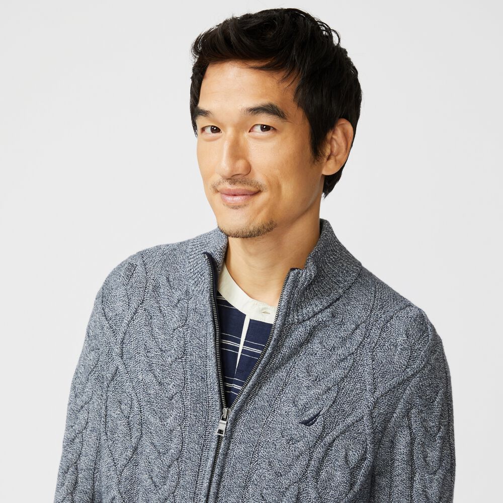 CABLE-KNIT FULL-ZIP SWEATER,Navy,large