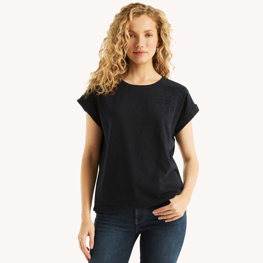 Embroidered Crewneck Top,Navy,large