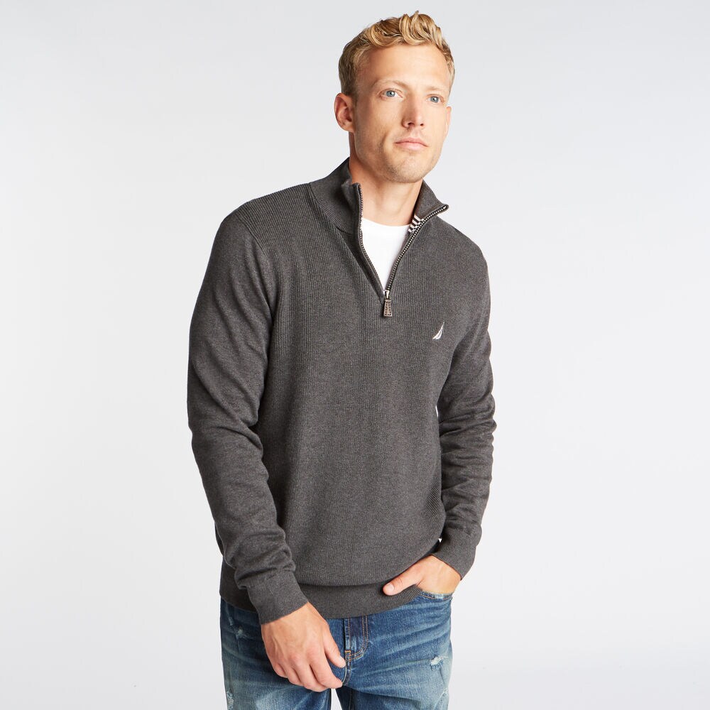 RIBBED-FRONT QUARTER-ZIP SWEATER,Charcoal Heather,large