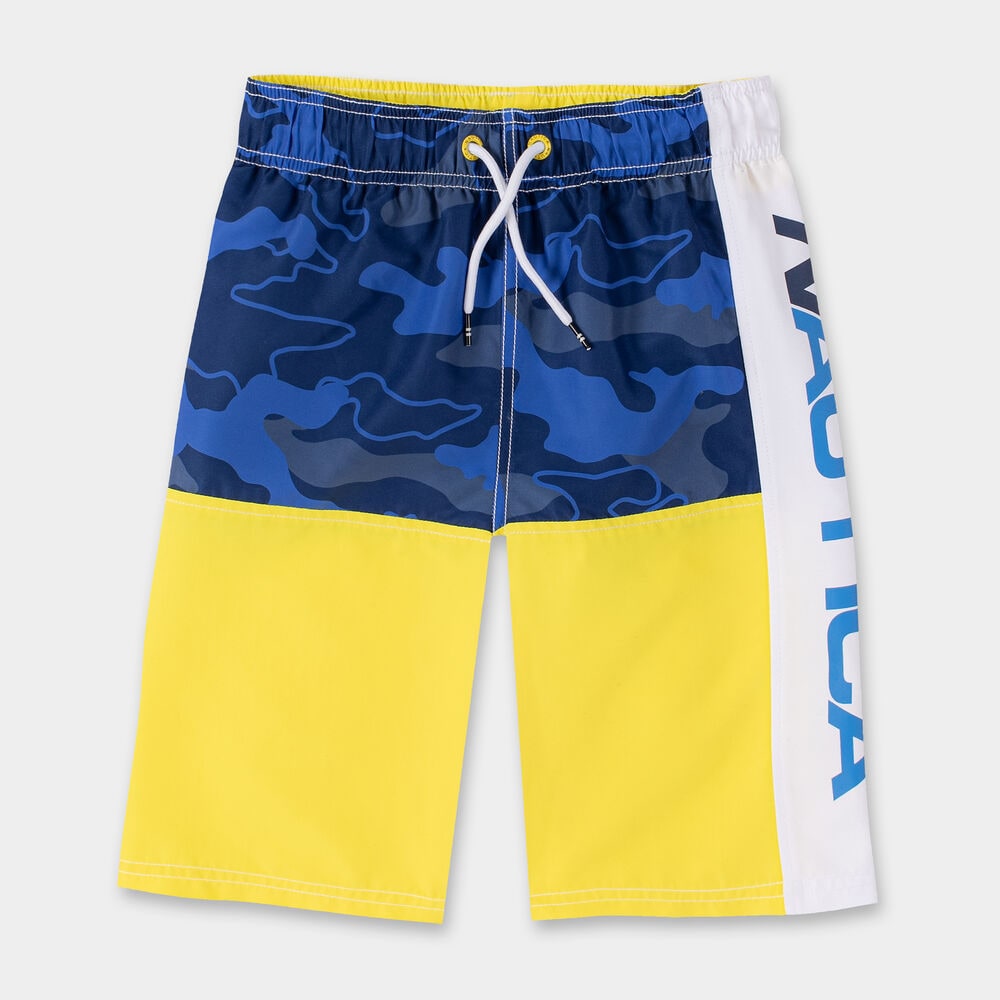 BOYS' ZACH CAMOUFLAGE LOGO SWIM TRUNK (8-20),Marigold,large