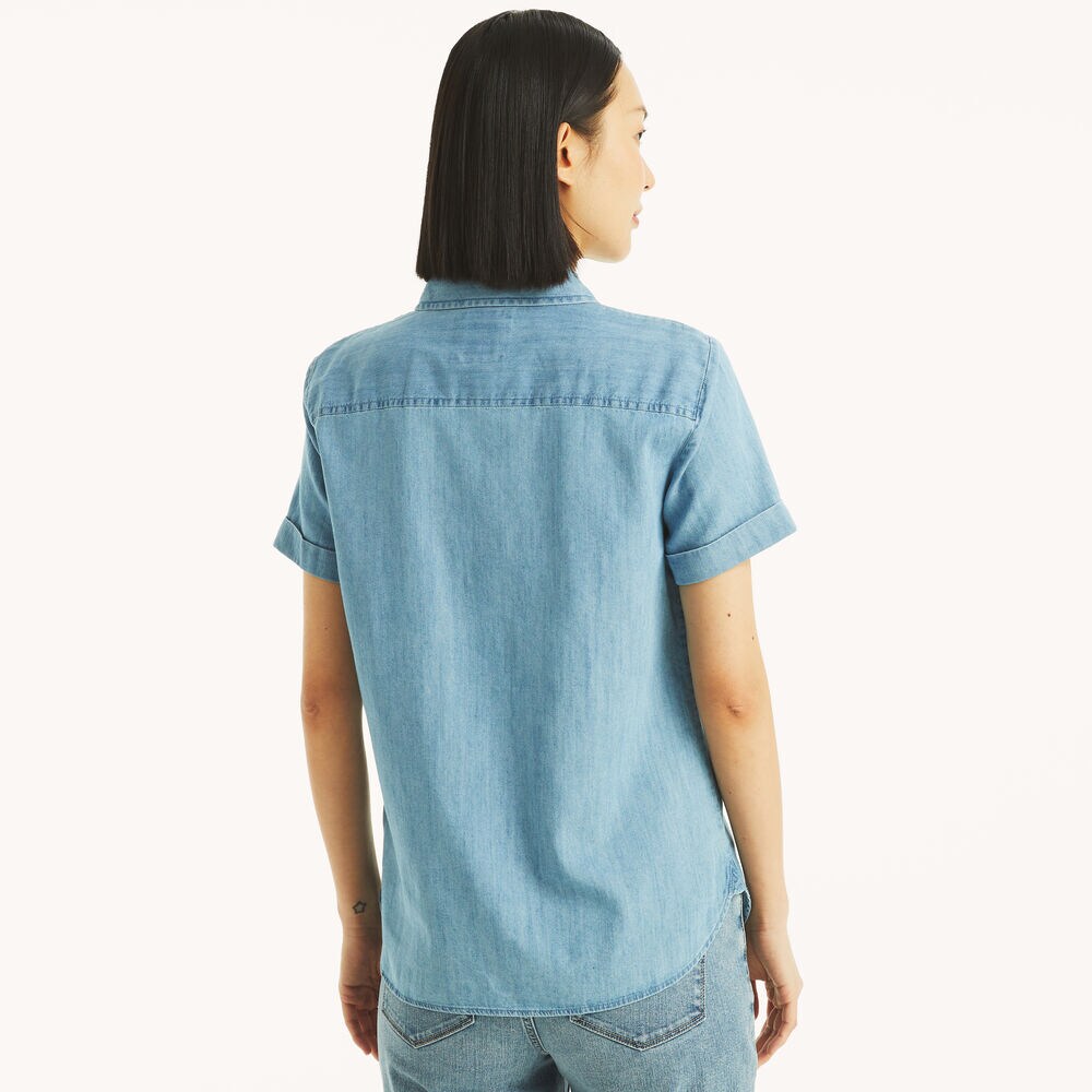 Chambray Button-Up Short-Sleeve Shirt,Chambray,large