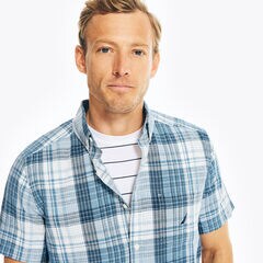 PLAID LINEN SHORT-SLEEVE SHIRT,Sail White,large