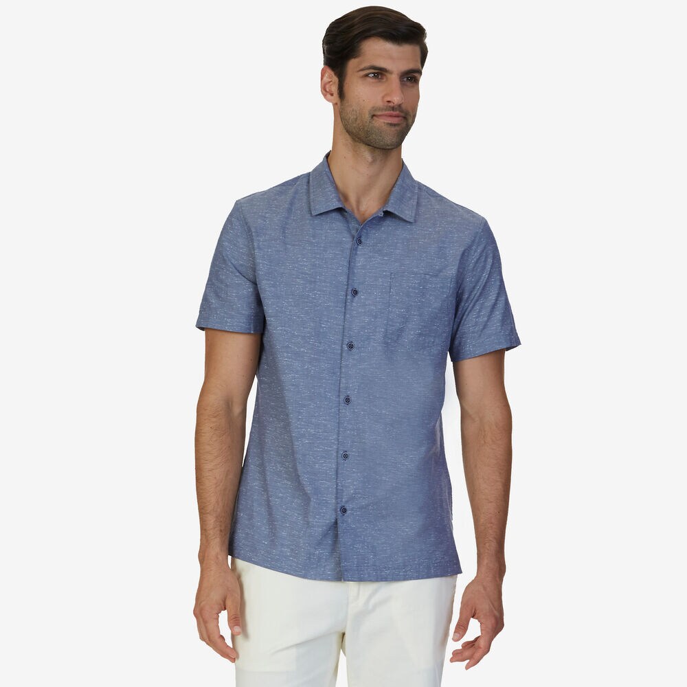 Slim Fit Poplin Short Sleeve Shirt,Distressed Blue Wash,large