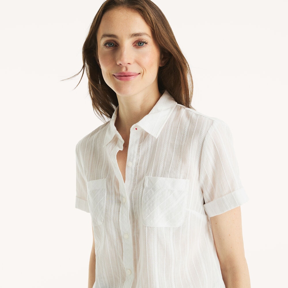 Striped Button-Up Short-Sleeve Shirt,Bright White,large