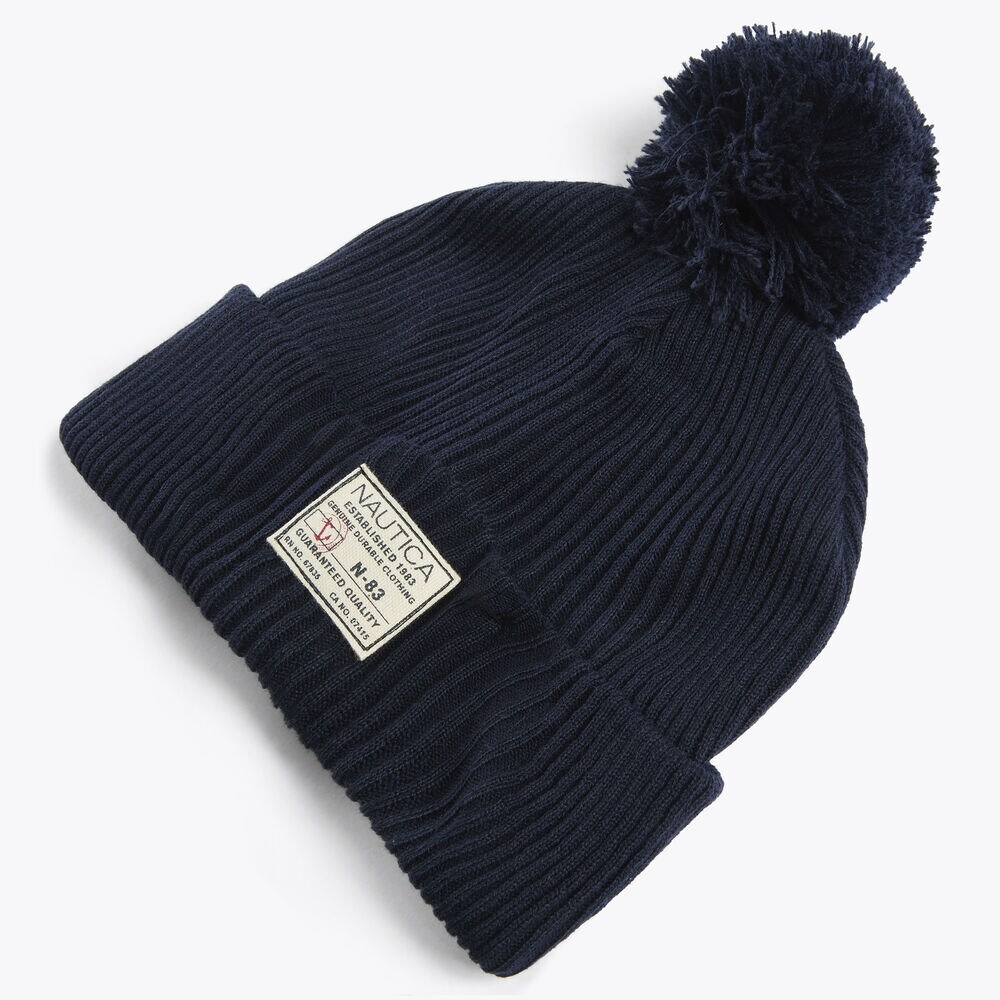 Rib-Knit Pom Hat,Navy,large