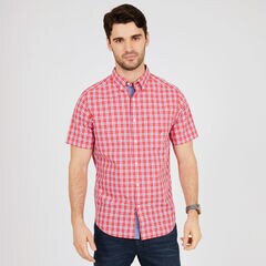 Short Sleeve Classic Fit Plaid Button Down,Buoy Red,large