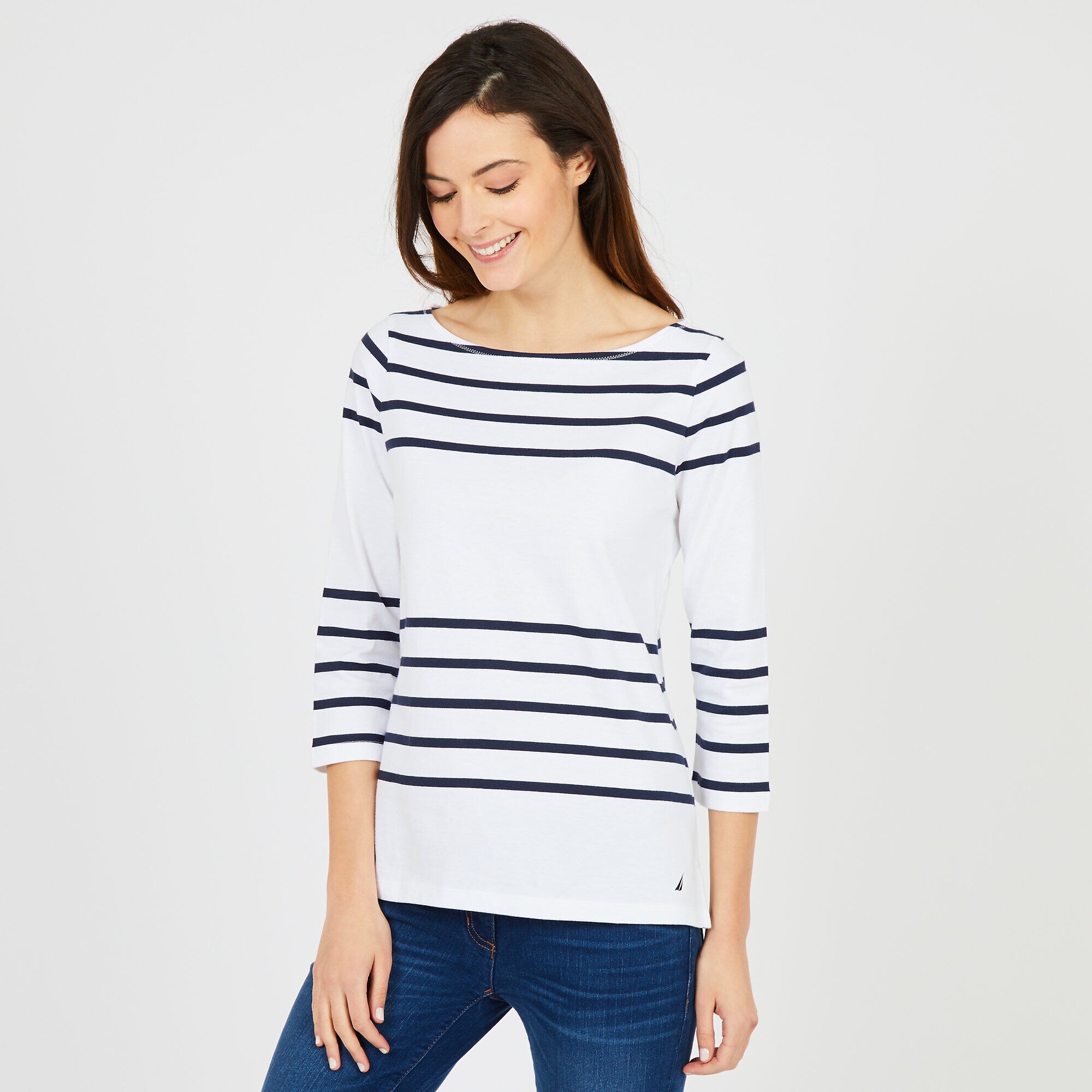 Boatneck Striped Long Sleeve Top,Bright White,large