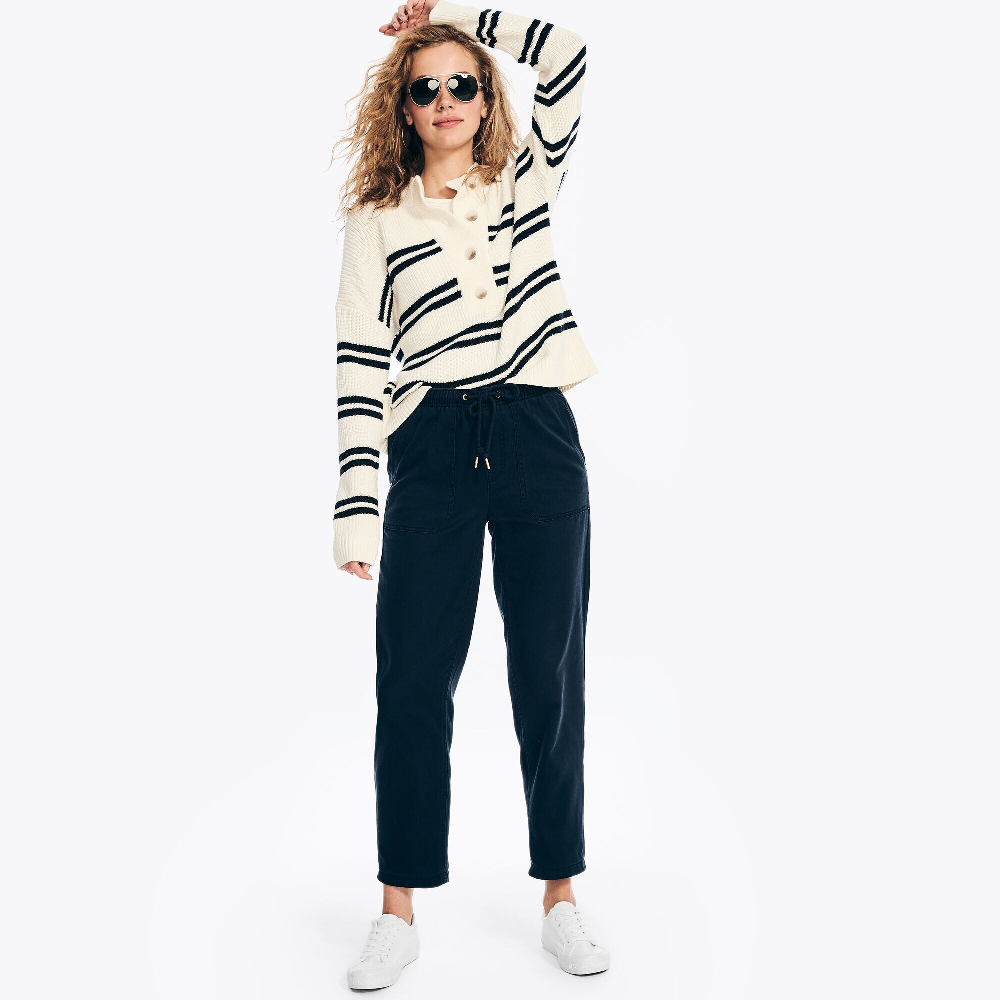 Striped Half Cardigan Henley Sweater,Marshmallow,large