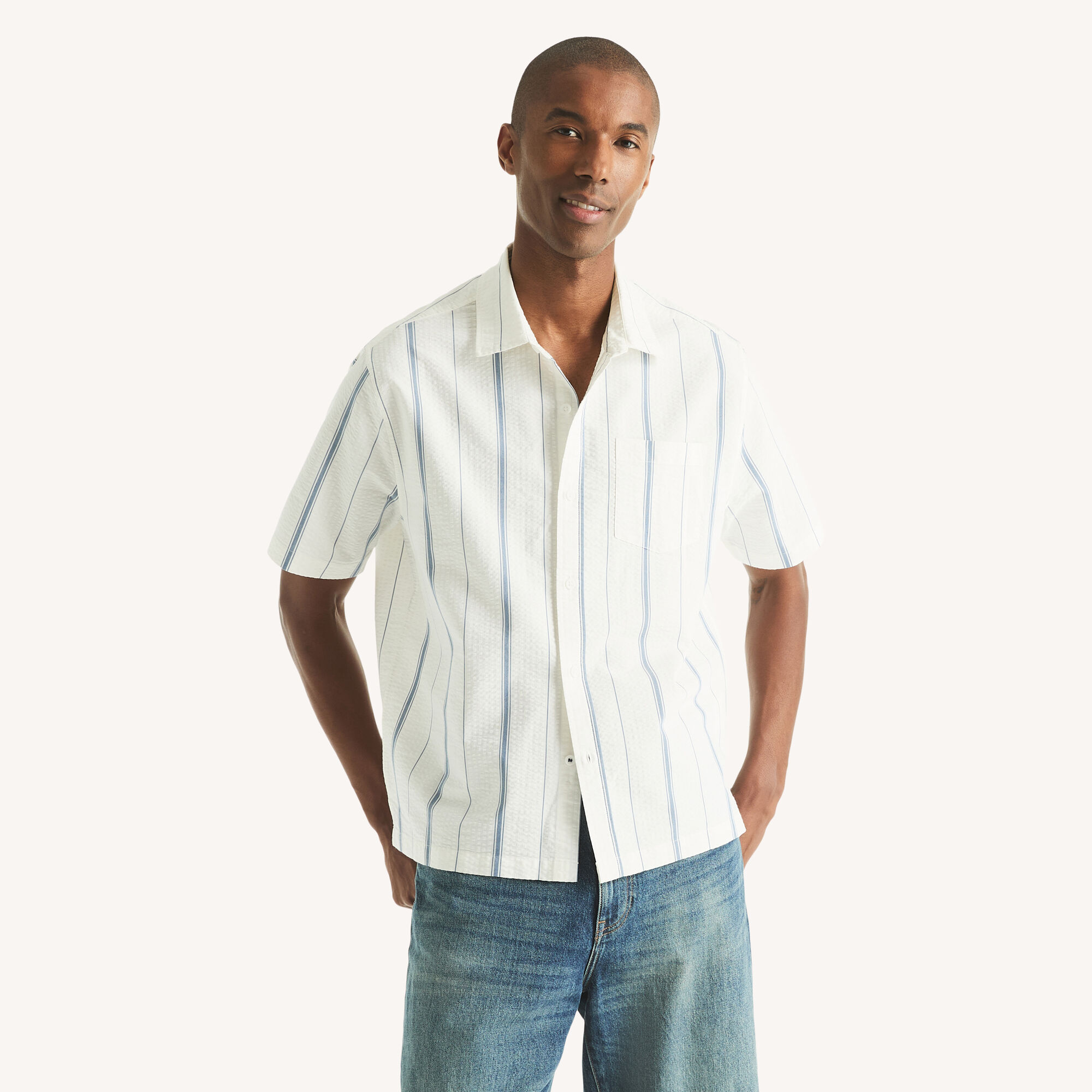 Striped Dobby Short-Sleeve Shirt,Sail White,large
