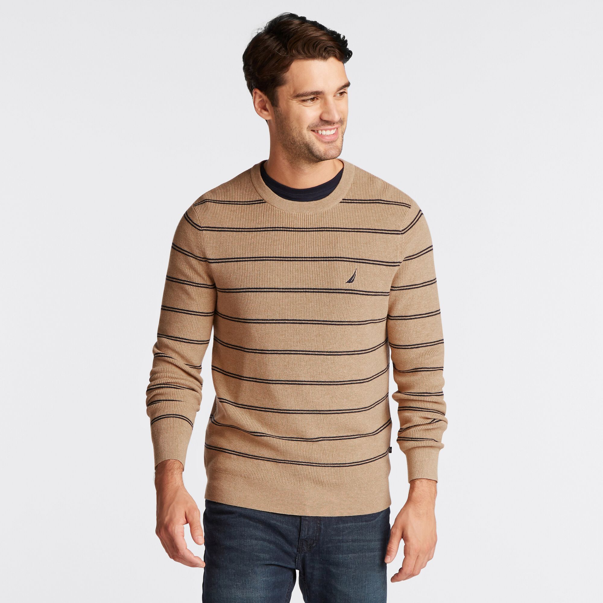 NAVTECH STRIPED CREWNECK SWEATER,Camel Heather,large