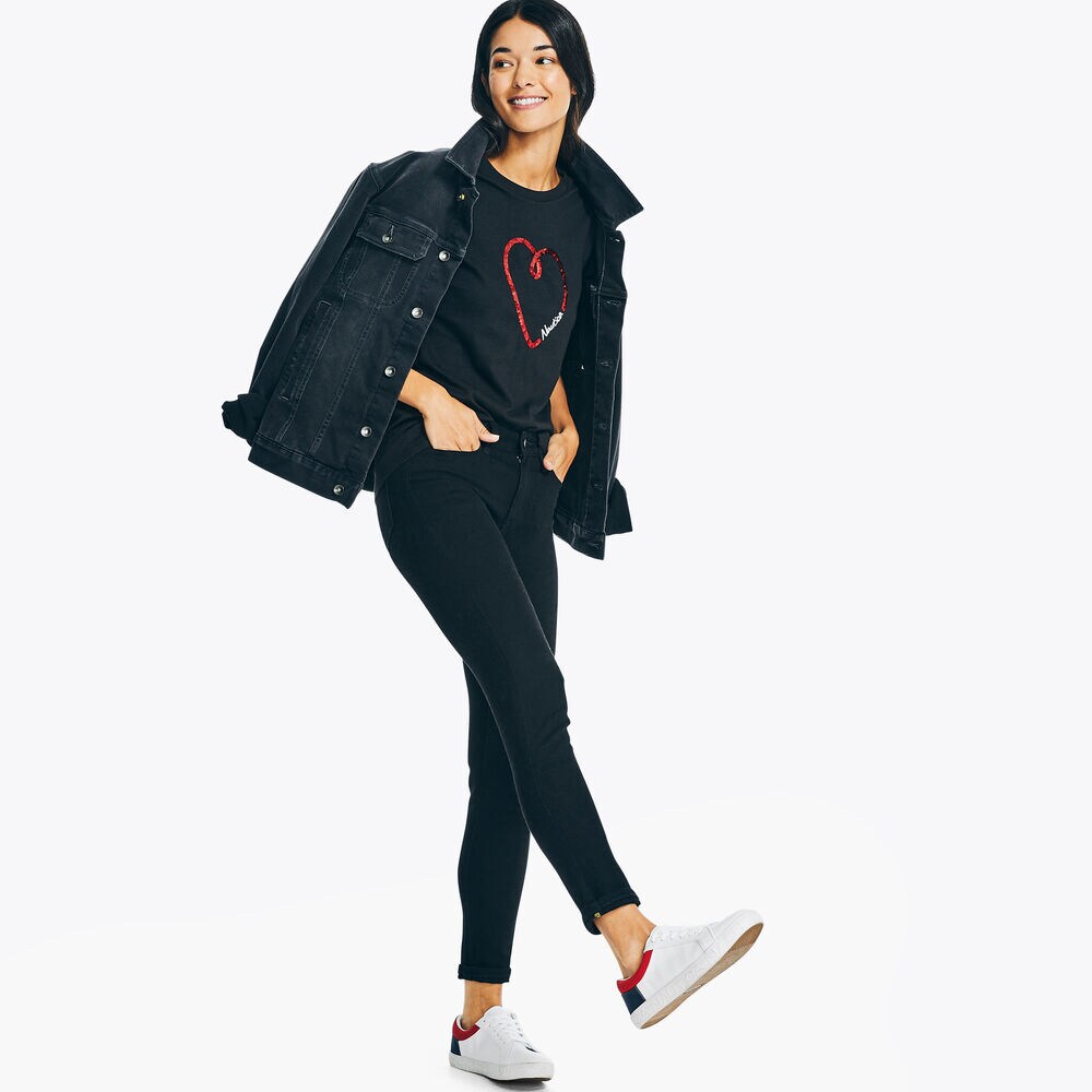 Sequin Valentine's Heart Puff Graphic T-Shirt,True Black,large