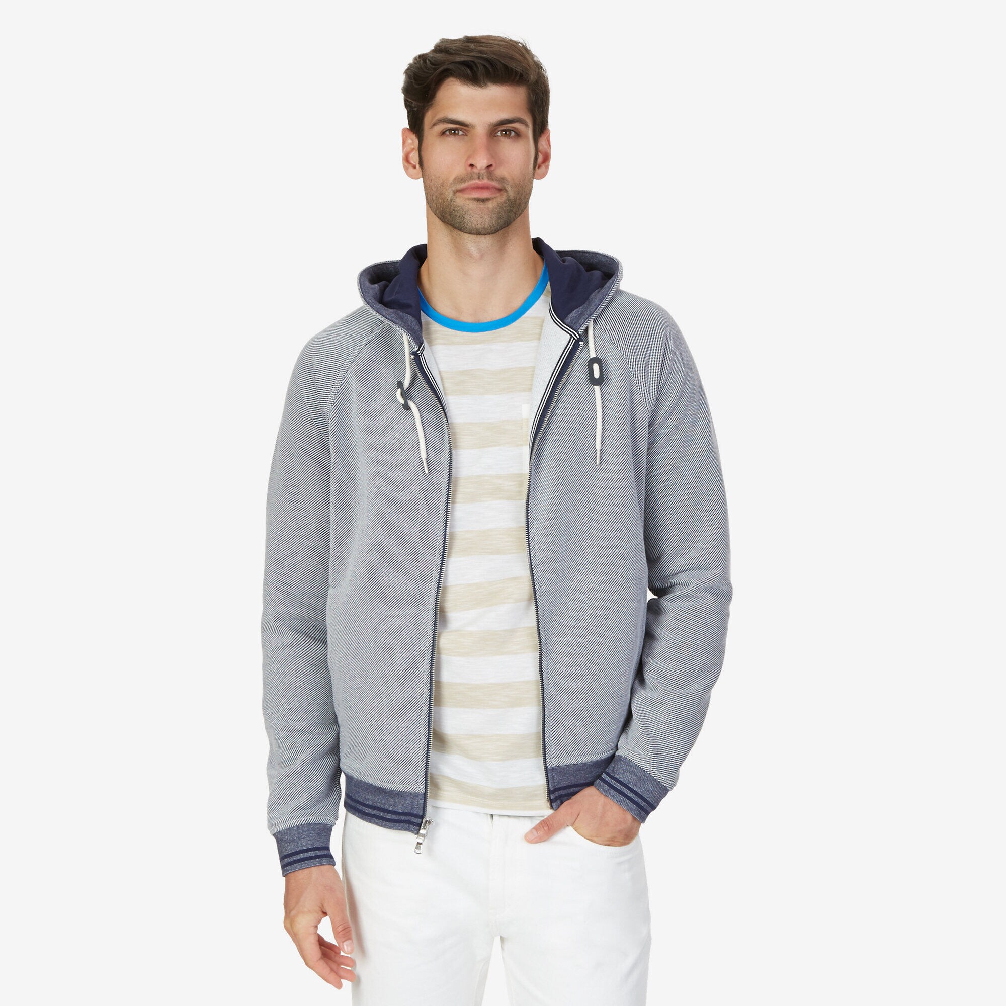 Zip Front Micro Stripe Hoodie,Peacoat,large