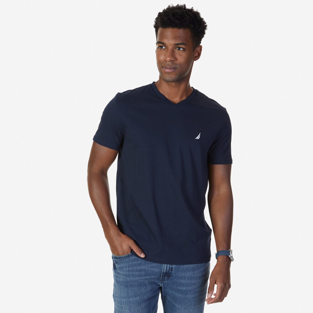 Solid V-Neck Slim Fit T-Shirt,Navy,large