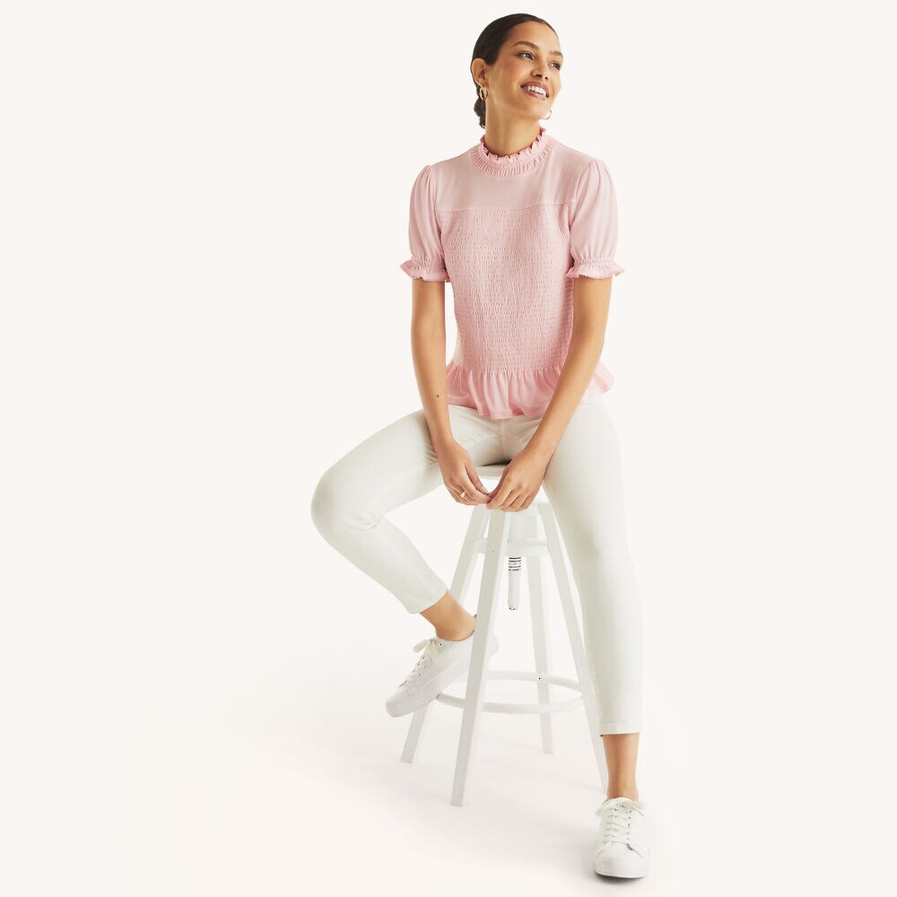 Mock-Neck Smocked Top,Oxford Pink,large