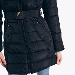 BELTED FAUX-FUR TRIMMED PUFFER,True Black,large