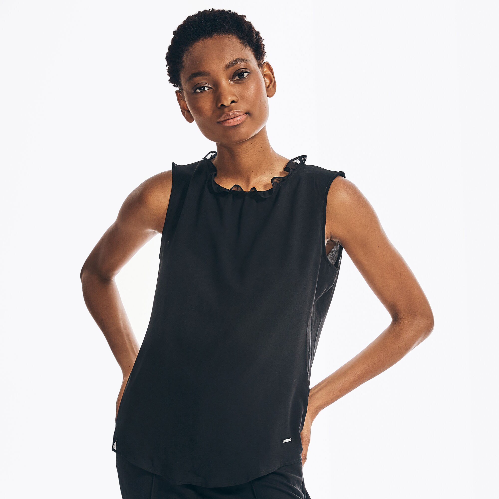 SLEEVELESS TIE-NECK TOP,True Black,large