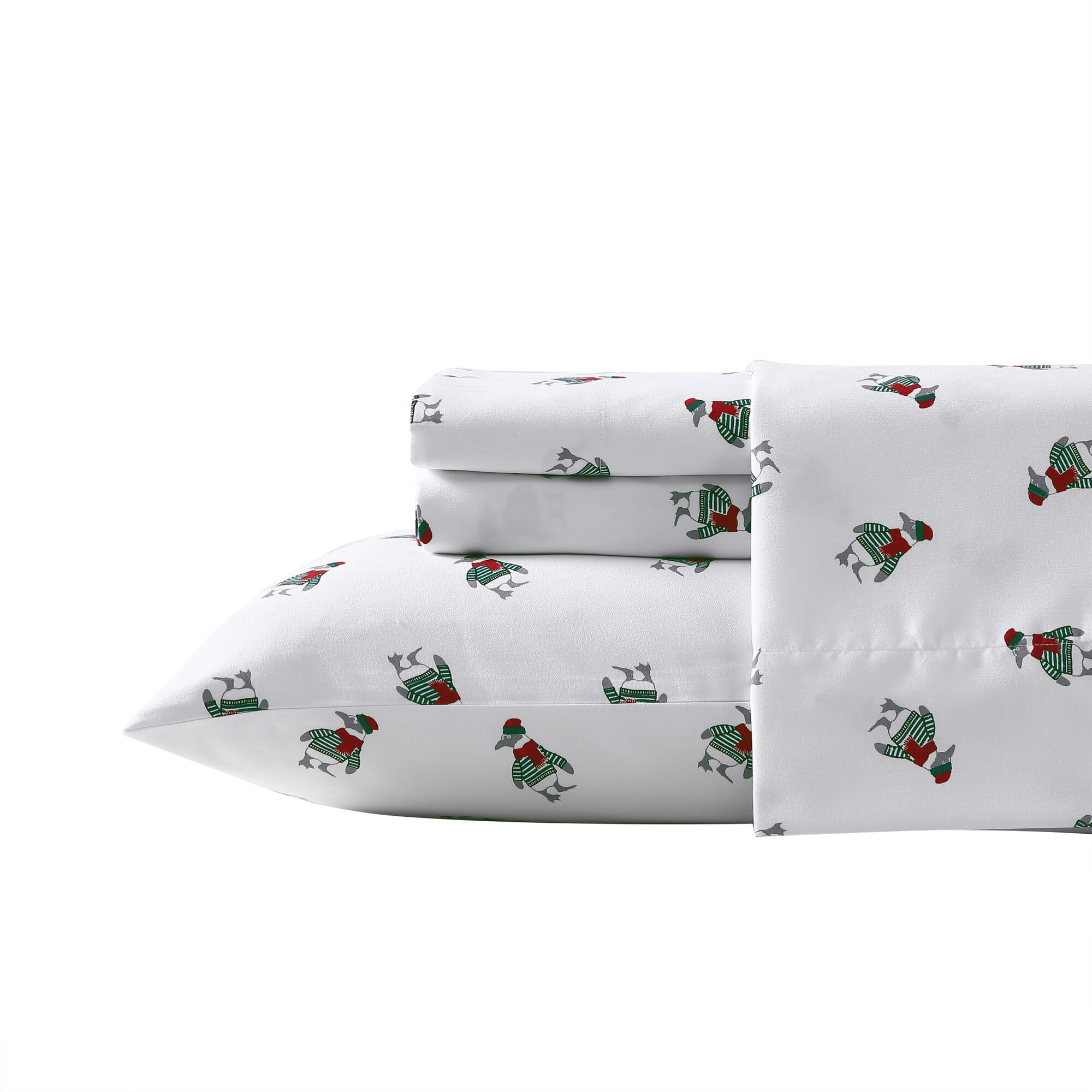 Penguin Toss Print Queen Flannel Sheet Set,Seaweed Heather,large